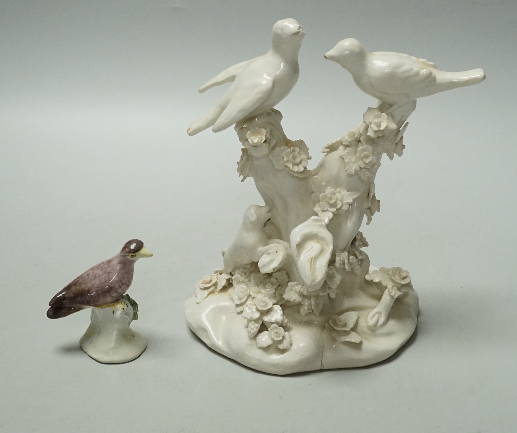 A small Derby porcelain bird and a Derby model of birds, 16cm, both c.1760-5